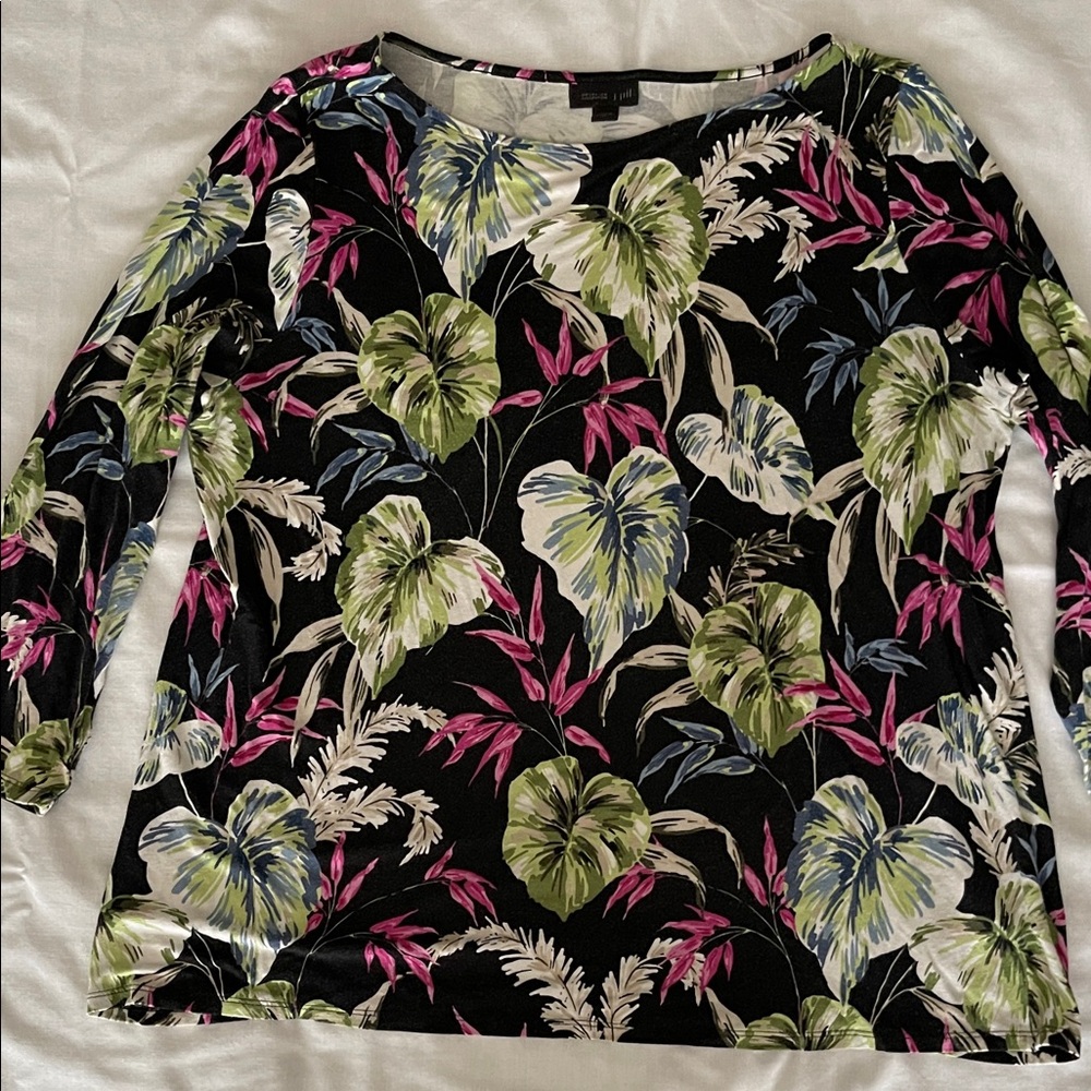 J. Jill Black Top with Green and Pink Floral Design